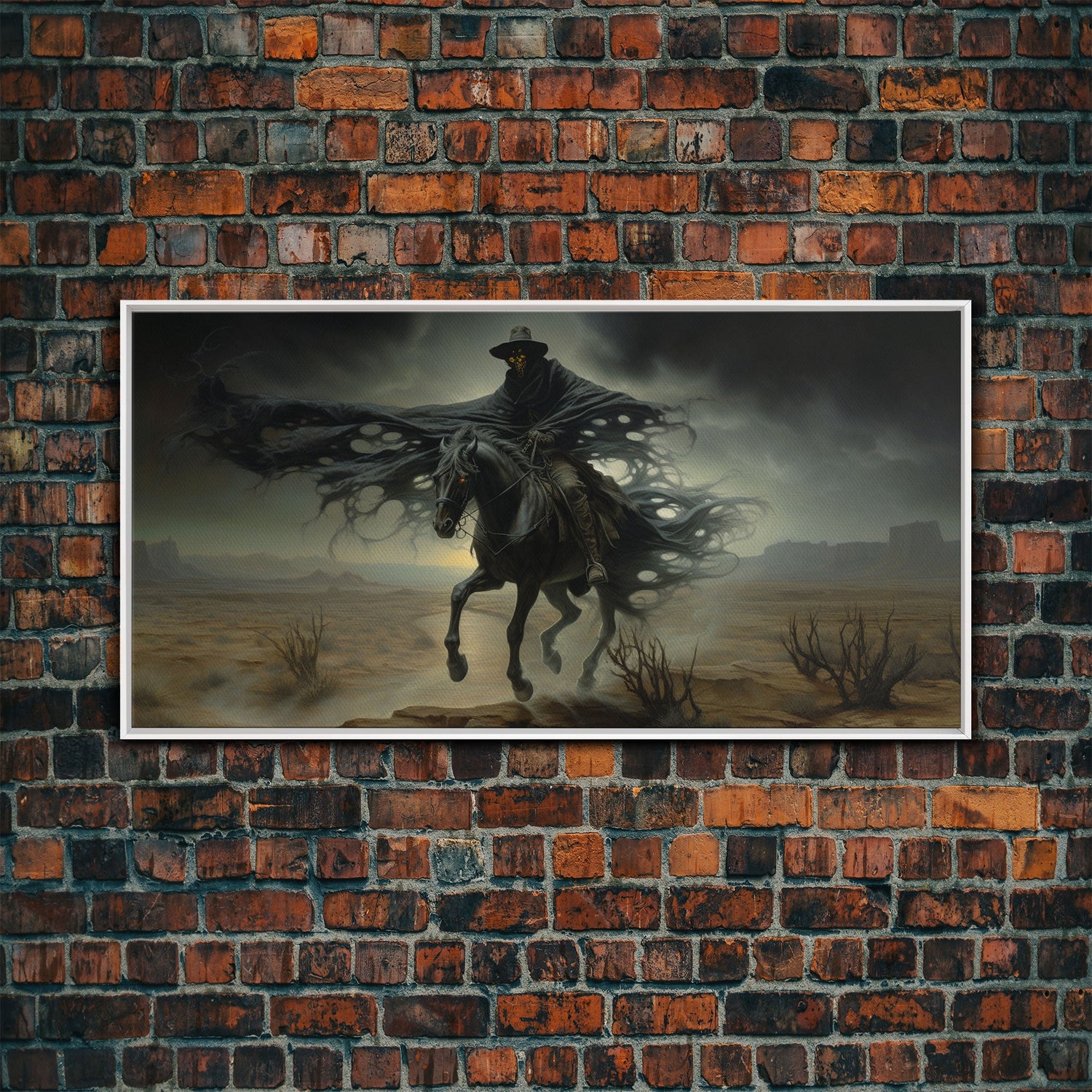 Ghost Cowboy Art, Framed Canvas Print, Halloween art, spooky decor, cowboy art, western decor, grim reaper on a horse in the desert