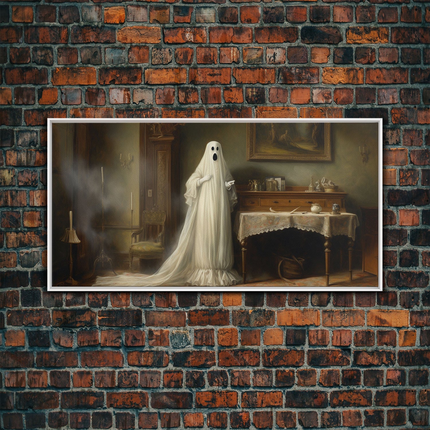 Sheet Ghost Wall Art, Framed Canvas Print, halloween decor, Halloween wall art,  ghost print, dark academia, victorian oil painting