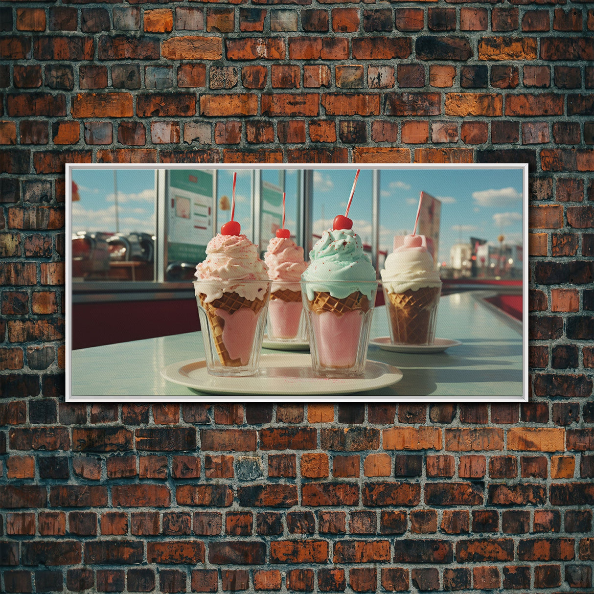 Ice Cream Shop Decor, Framed Canvas Print, Cute Nursery Decor, Retro Ice Cream Parlor Wall Art