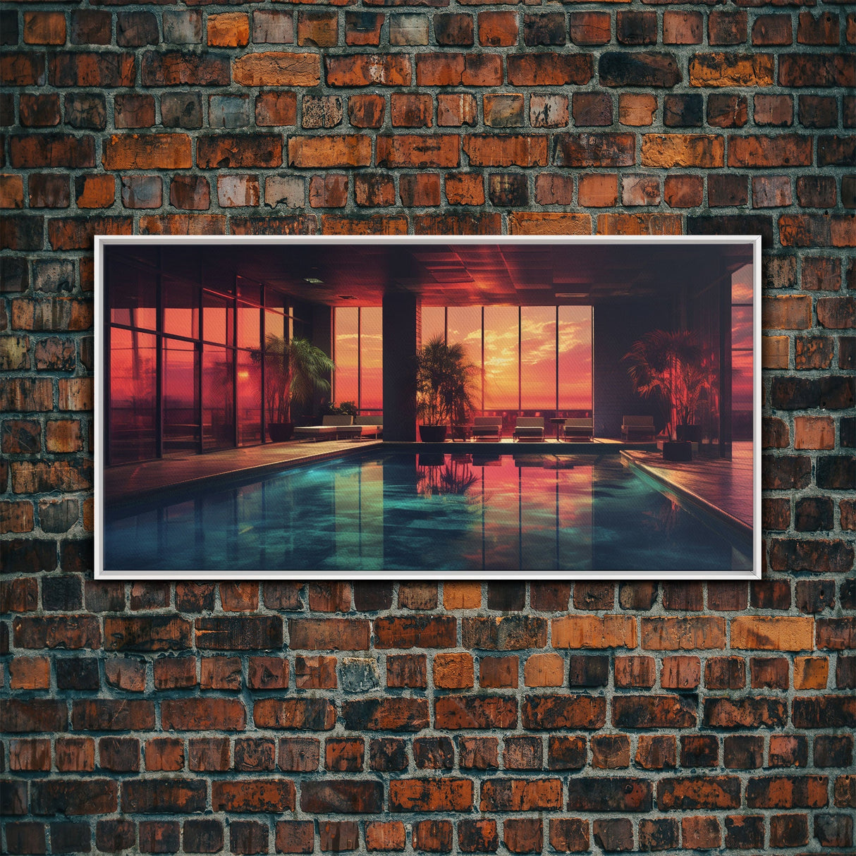 Midcentury Modern Wall Art, Framed Canvas Print, Retro MCM Decor, Minimalist Decor, Sunset Over An Indoor Pool, Eclectic Architecture Art