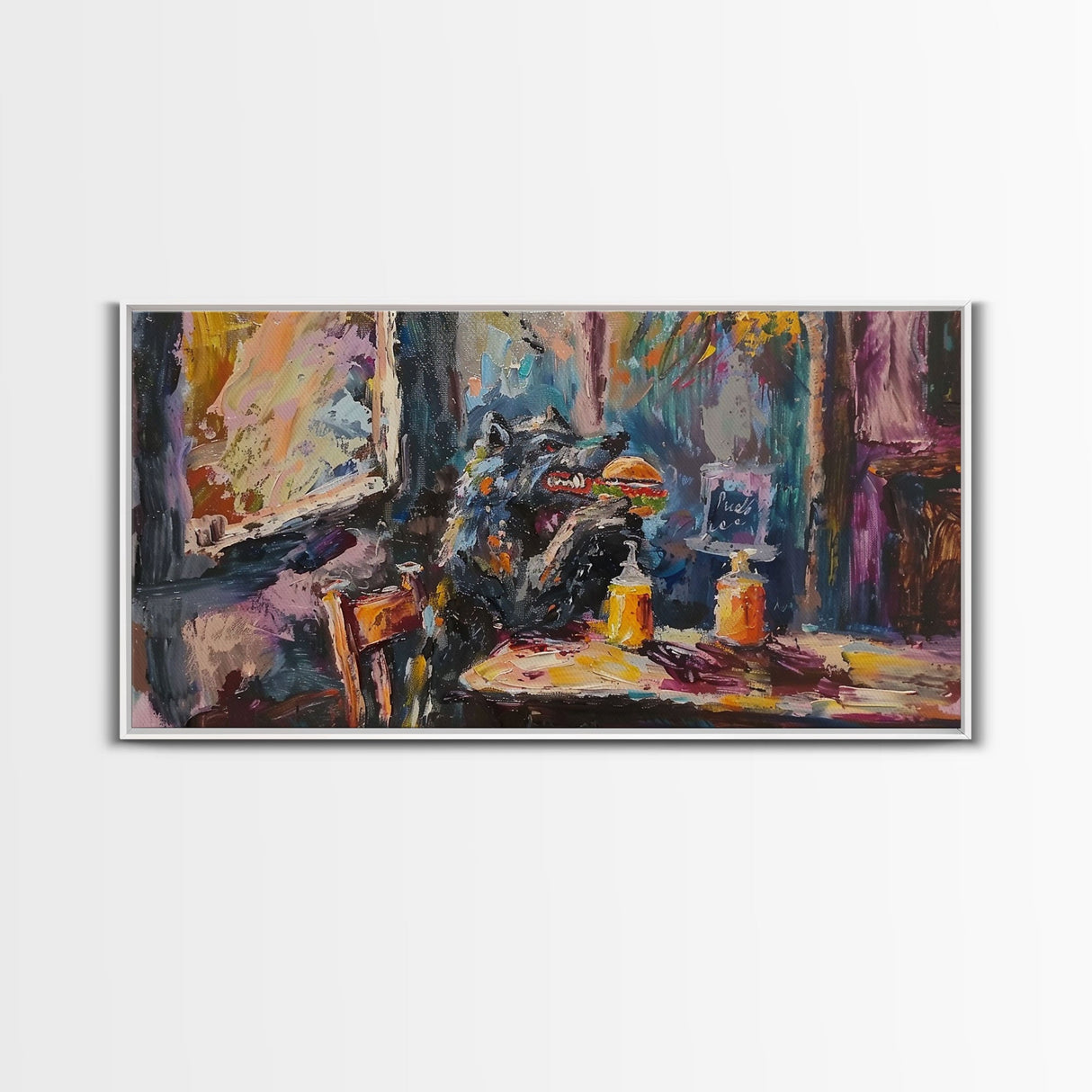 Funny Werewolf Having a Cheeseburger in a diner, framed canvas print, halloween decor