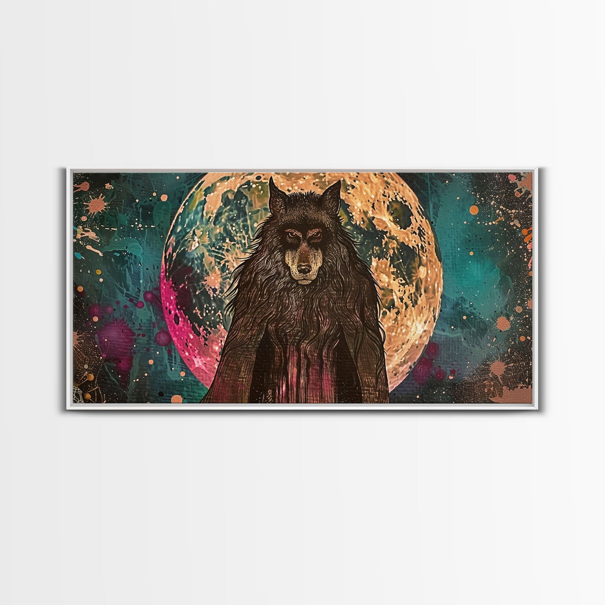 Hooded Werewolf Under The Full Moon, Framed Canvas Print, Wood Frame Halloween Wall Art, Dark Academia