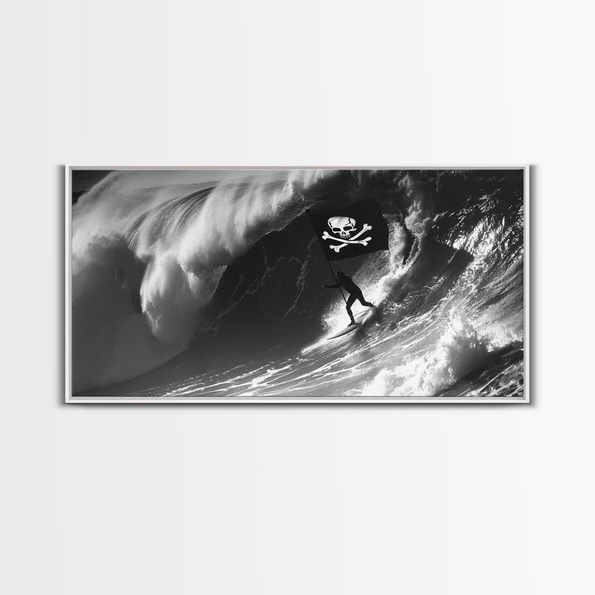 Pirate Surf - Framed Canvas Print - Black & White Photography Style Wall Art - Skull and Cross Bones Wall Art - Manly Decor - Mancave