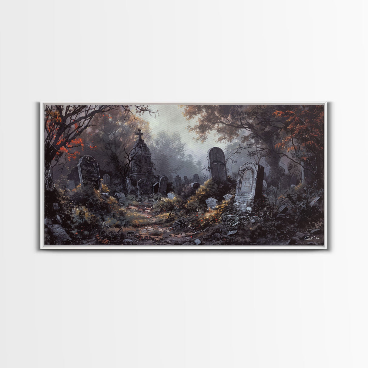 Haunted Cemetery Halloween Prop Framed Canvas Print | Spooky Season | Spooky Wall Art | Halloween Decor | Creepy Art Prints