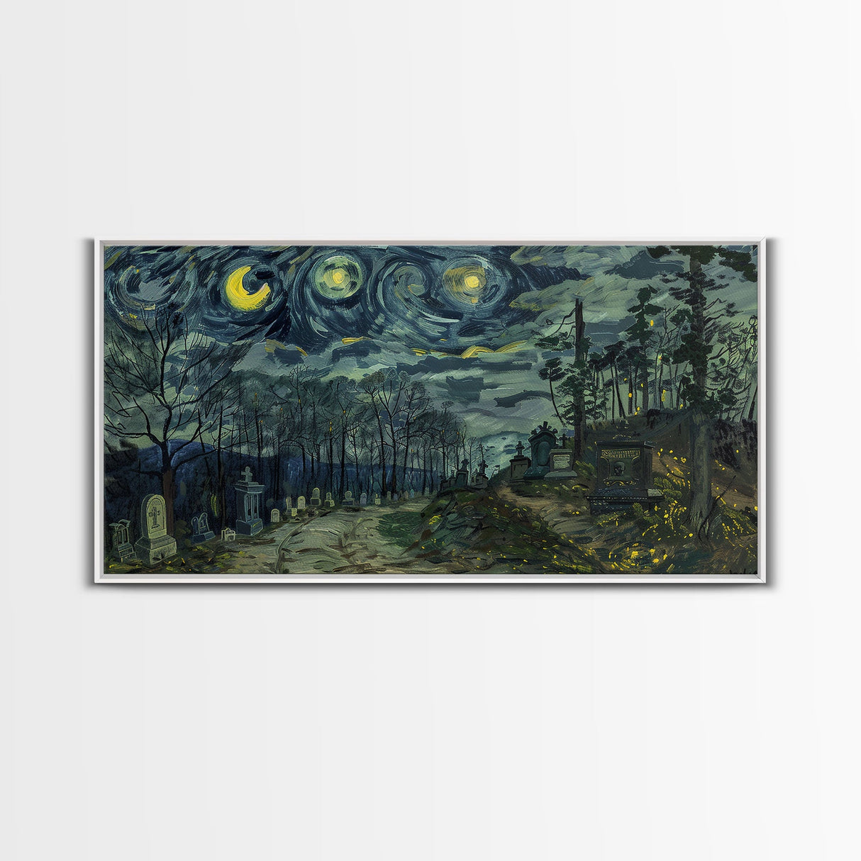 Haunted Graveyard Framed Canvas Print, Starry Night Van Gogh Inspired Halloween Decor, Spooky Vibes Halloween Gift