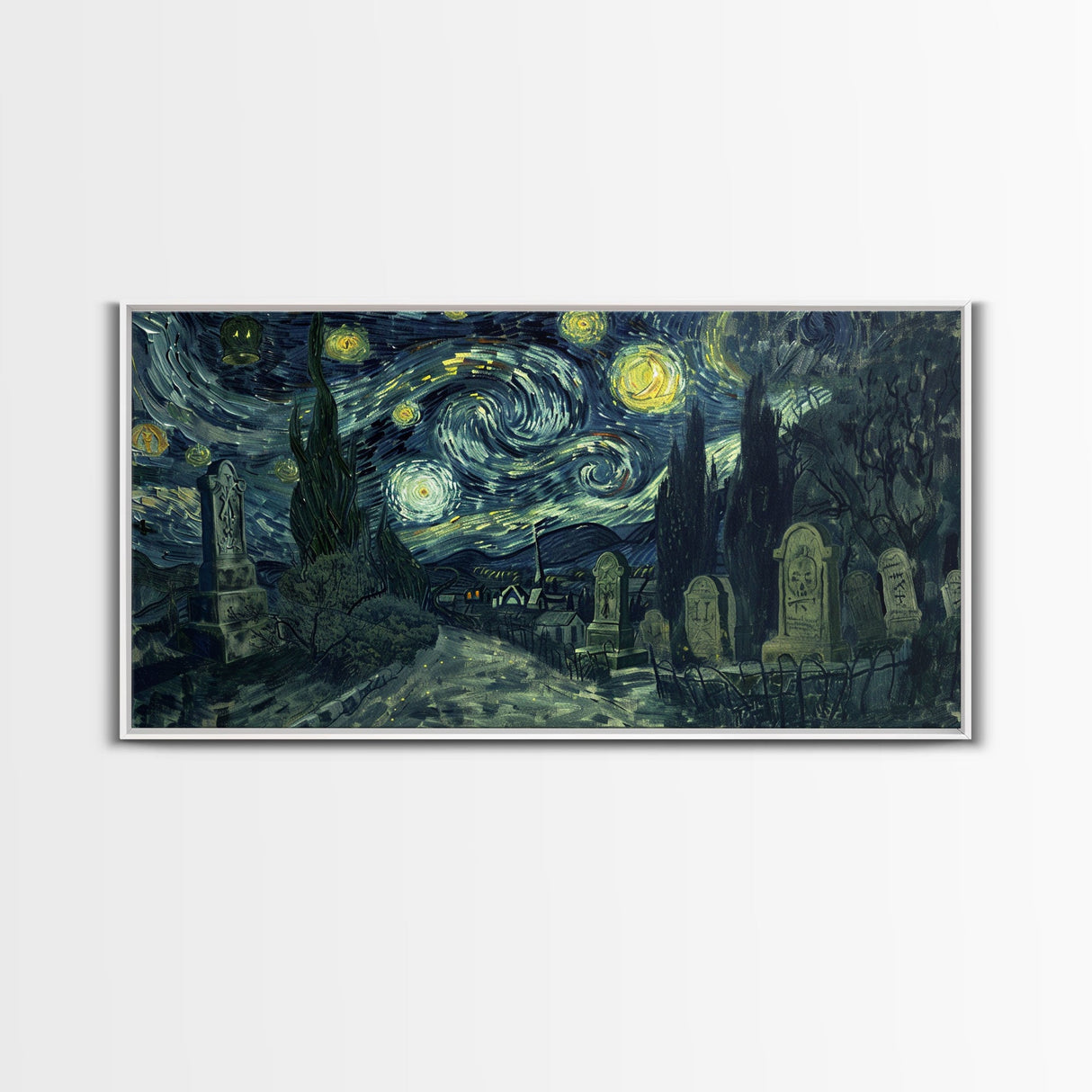 Spooky Vibes Cemetery Grave Yard, Framed Canvas Print, Halloween Decor, Spooky Month Wall Art