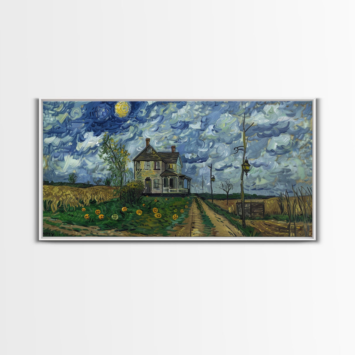 Haunted Countryside, Framed Canvas Print, Spooky Starry Night Inspired Halloween Wall Art