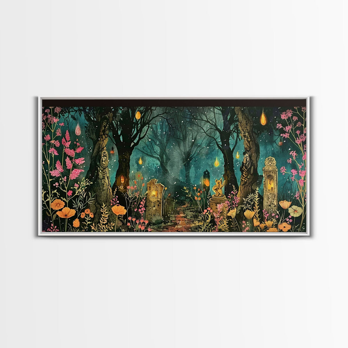 Haunted Cemetery In The Forest Framed Canvas Print, Halloween Decor, Halloween Prop Wall Art