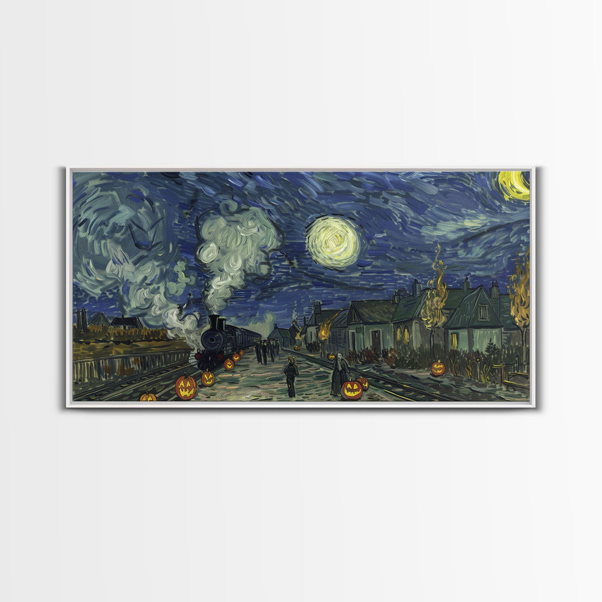 Starry Night Inspired Haunted Steam Train, Framed Canvas Print, Spooky Halloween Wall Art