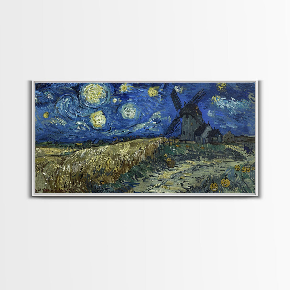 Starry Night Inspired Haunted Wind Mill, Framed Canvas Print, Spooky Halloween Wall Art