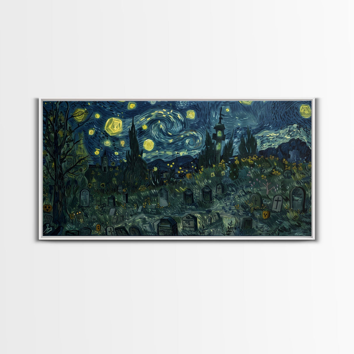 Starry Night Inspired Haunted Graveyard Framed Canvas Print, Halloween Wall Decor, Halloween Props, Halloween Gift Idea