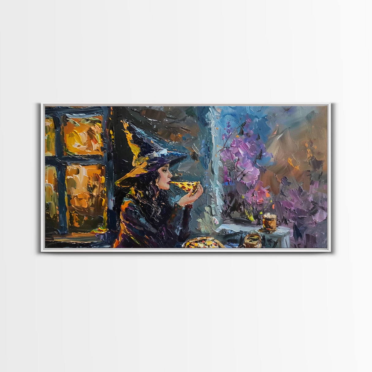 Time For Some Pizza, Witch Havin' a slice of Pizza, Framed Canvas Print, Funny Halloween Art