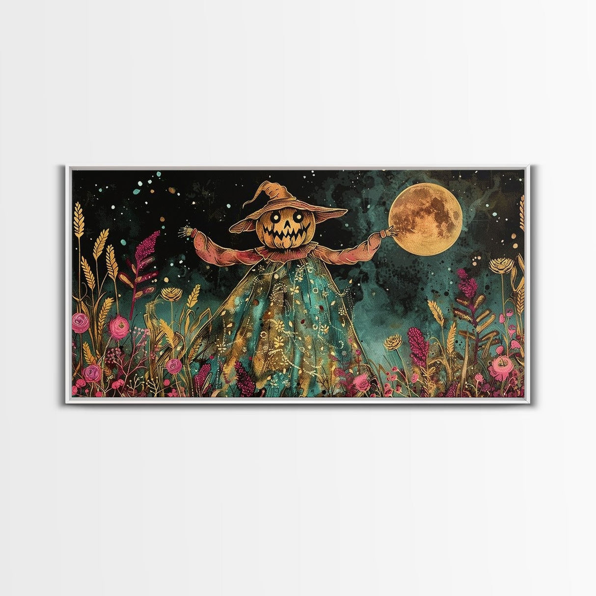 Spooky Jack O' Lantern Scarecrow, Framed Canvas Print, Dark Academia, Halloween Decor, Spooky Season Wall Art