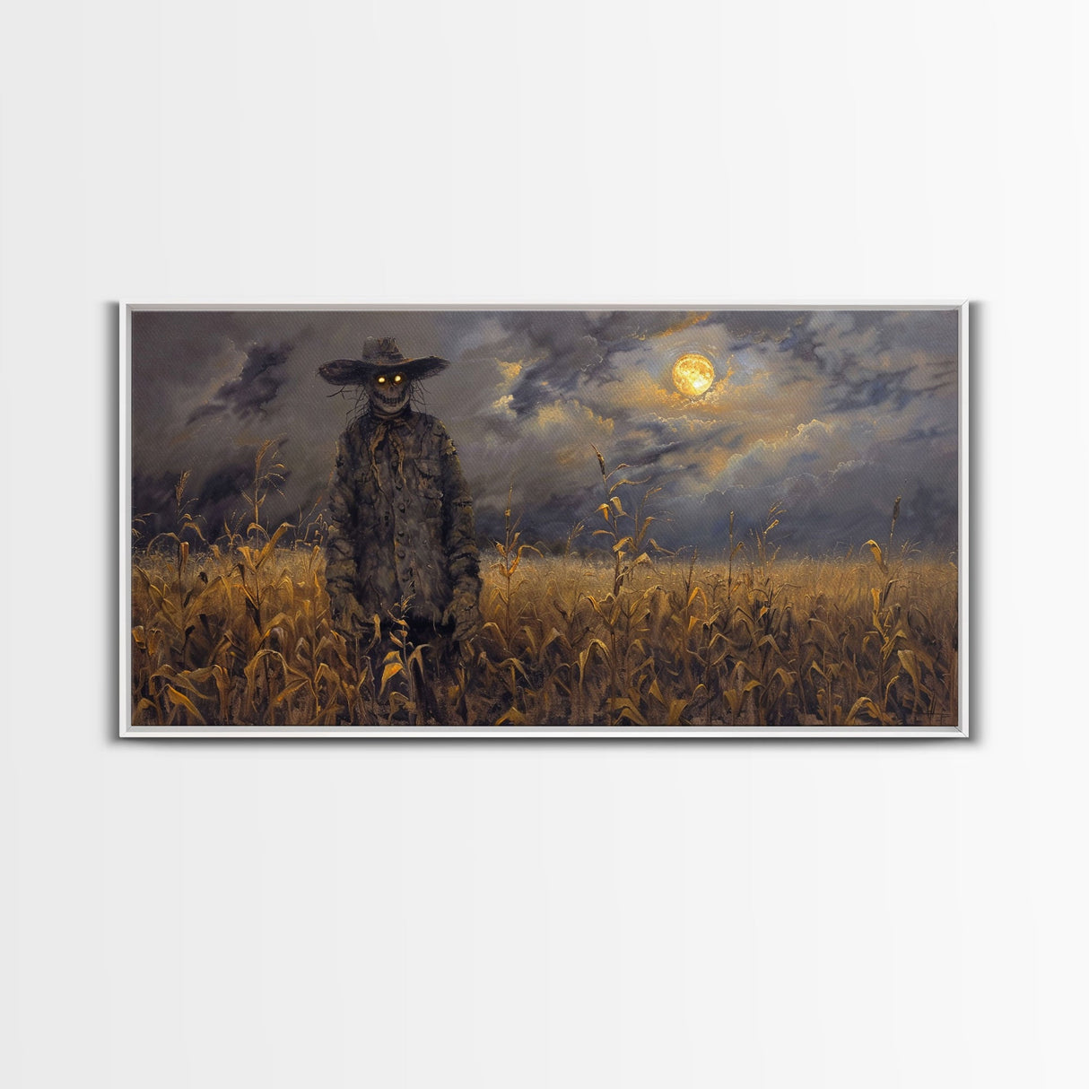 Scarecrow Under A Full Moon - Framed Canvas Print - Spooky Wall Art - Halloween Decor