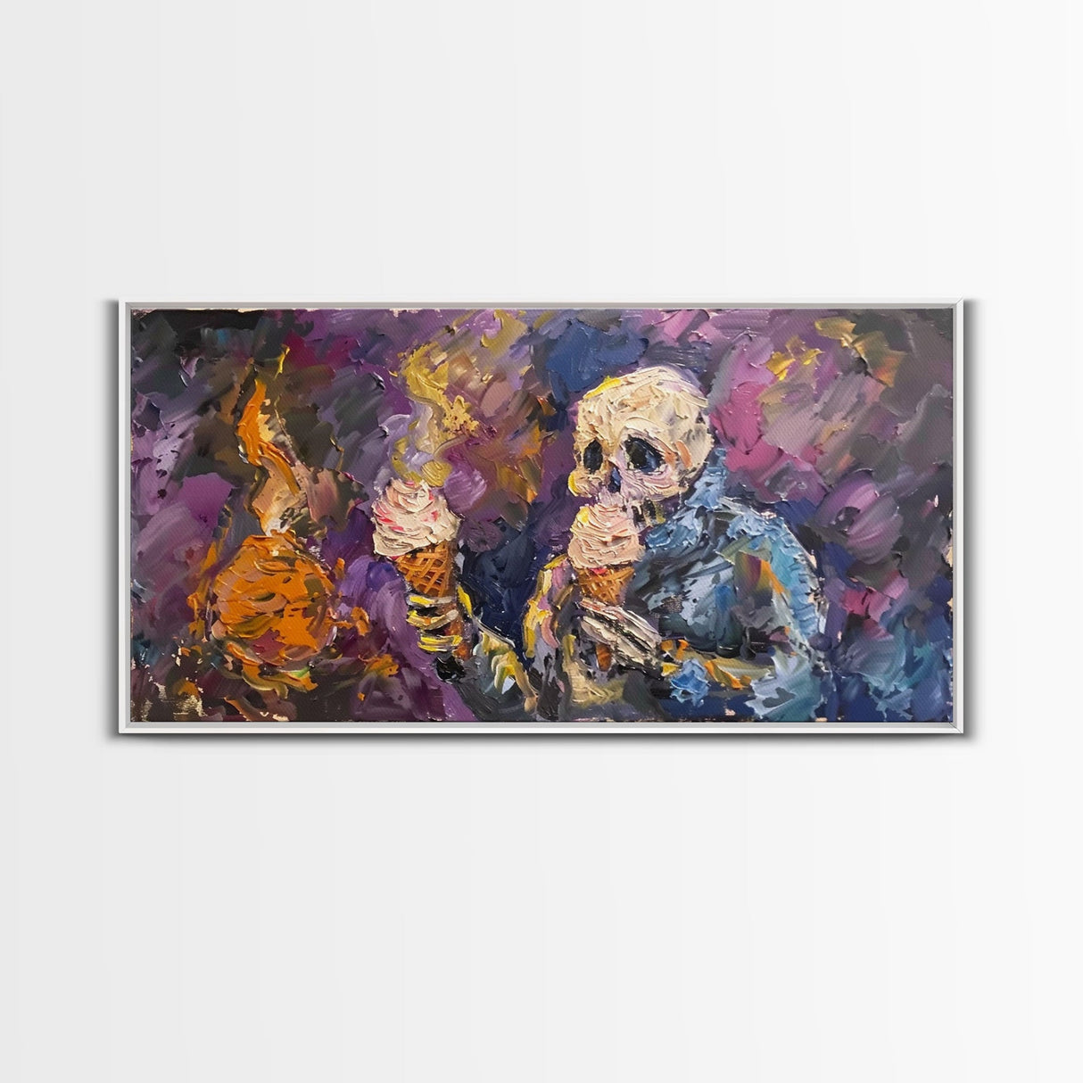 Spooky Skeleton having TWO ice cream cones! Why does he need two? Halloween Art, Framed Canvas Print