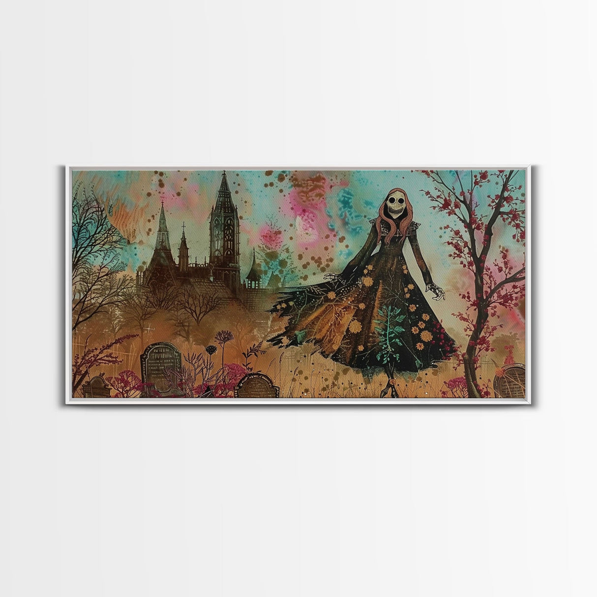 Grinning Banshee In A Cemetery Framed Canvas Print - Spooky Wall Art - Halloween Decor