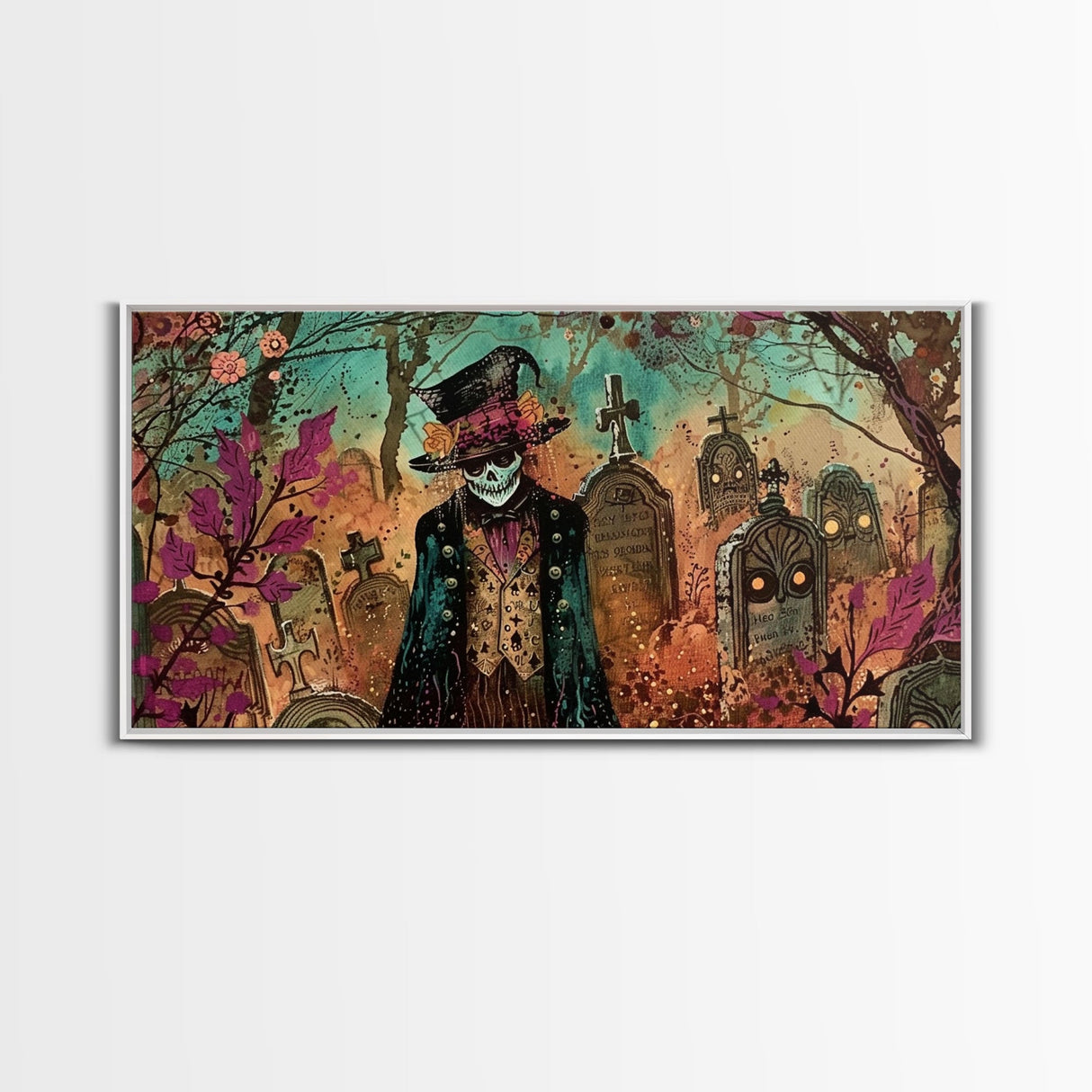 Spooky Ghost In A top hat, Framed Canvas Print, Halloween Decor, Spooky Vibes Wall Art