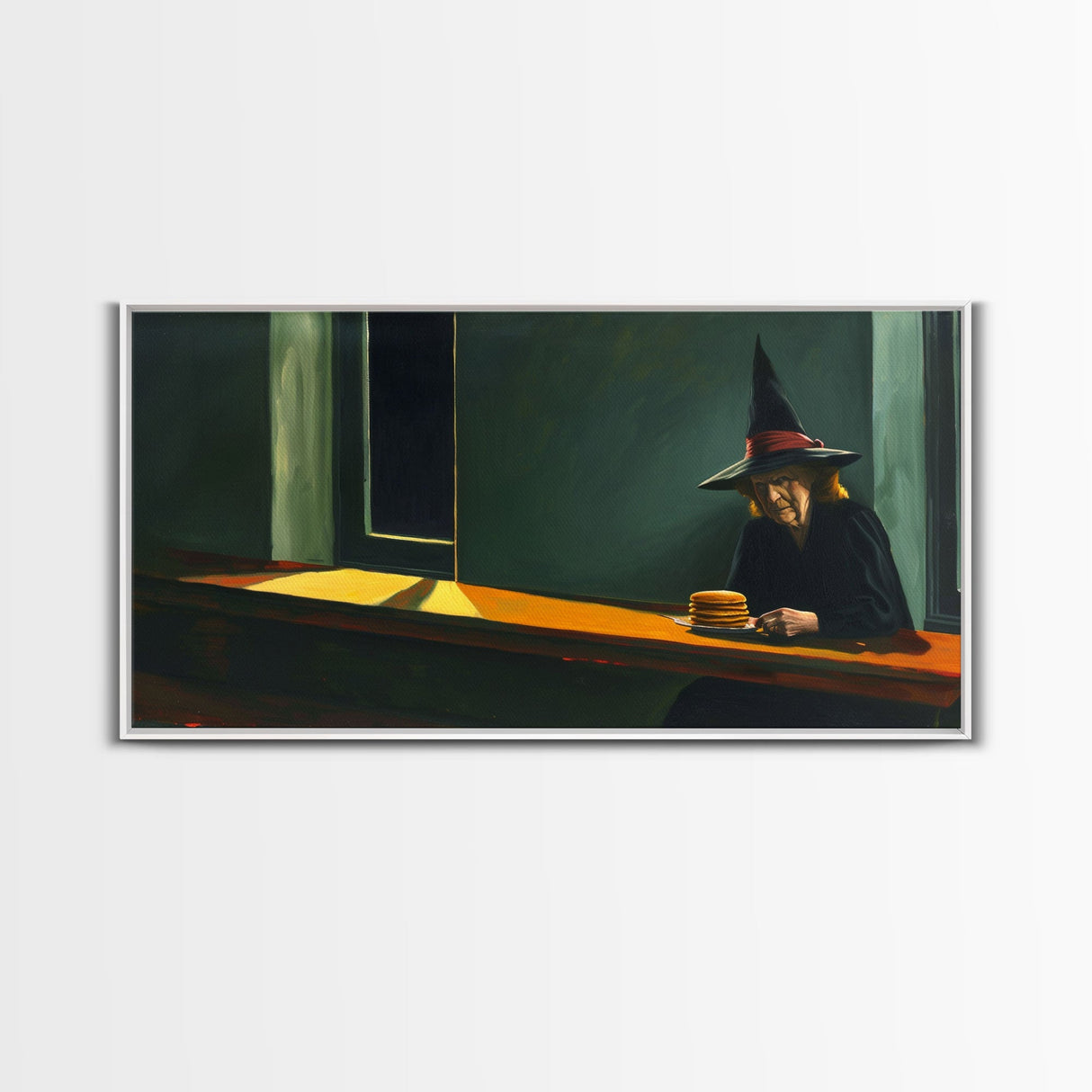 Sad Old Witch Having Some Pancakes, Funny Halloween Art, Framed Canvas Print, Liminal Art