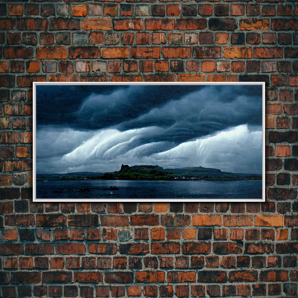 Rainstorm wall art, canvas print, ready to hang, fast moving storm over an island castle, cool wall art