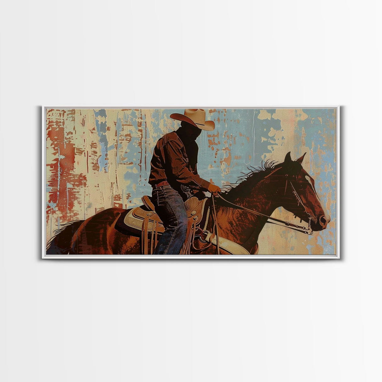 Cowboy Riding Horse in Abstract Style, Perfect Bedroom Art, Framed Canvas Print, Rustic Living Room Decor, Modern Home Decoration