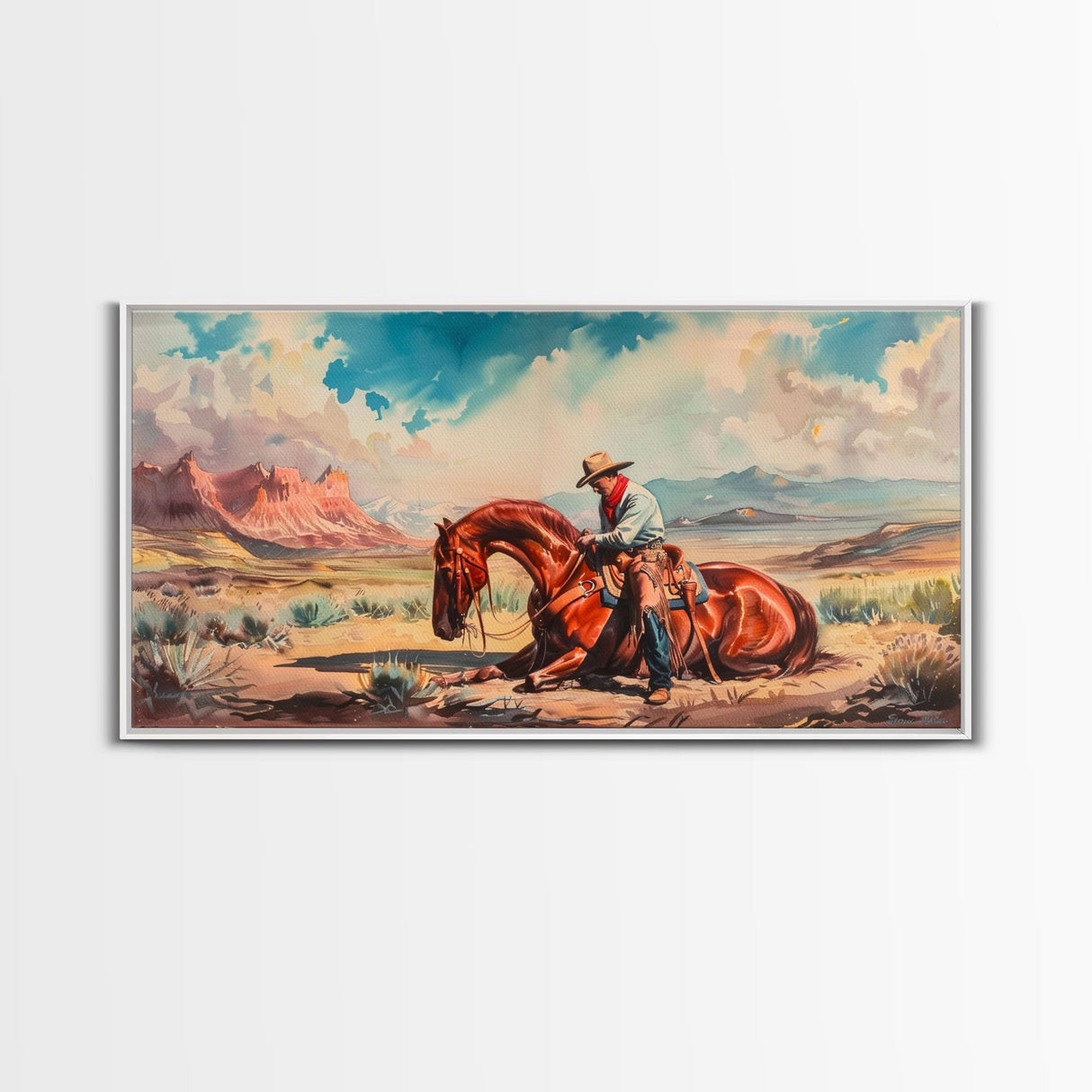 Cowboy Comforting Horse in Open Plains, Farmhouse Western Decor, Framed Canvas Print, Country Living Art, Rustic Wall Art for Home