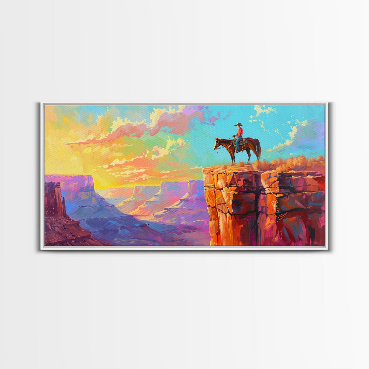 Cowboy on Horse Overlooking Canyon Sunset, Farmhouse Style Framed Canvas Print for Living Room Wall Art, Vibrant Home Decor, Western Scene