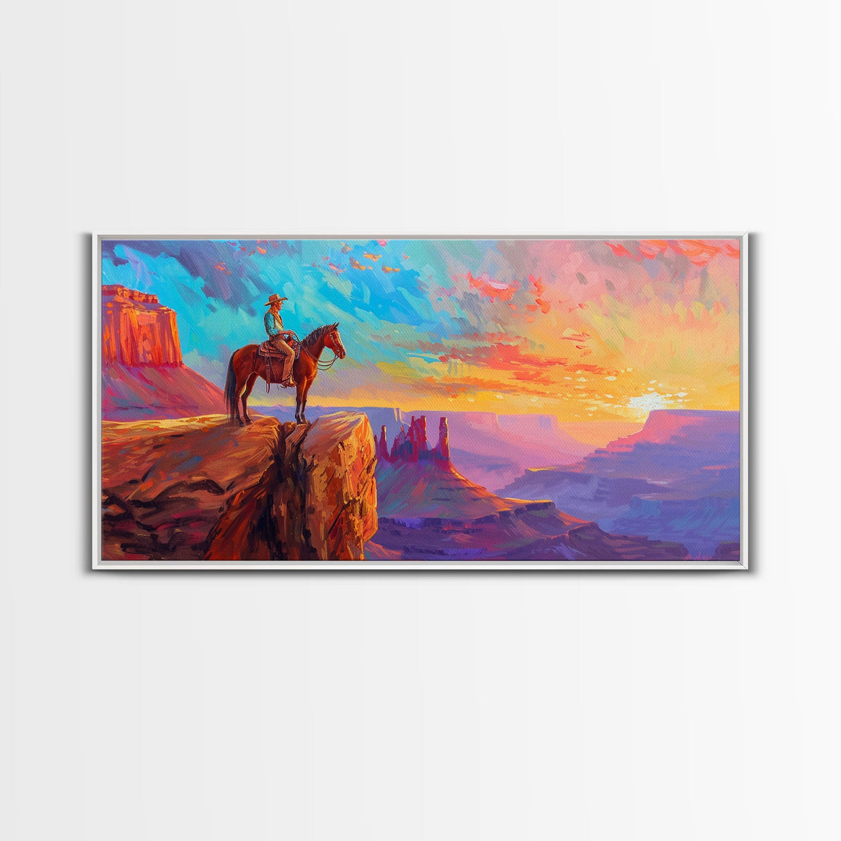 Cowboy and Horse with Canyon View, Farmhouse Style Framed Canvas Print for Bedroom Wall Art, Vibrant Home Decor, Western Scenic Art
