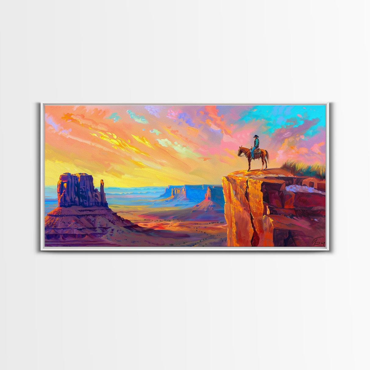 Cowboy with Horse on Cliff Edge, Farmhouse Style Framed Canvas Print for Living Room Wall Art, Vibrant Home Decor, Western Scenic Art