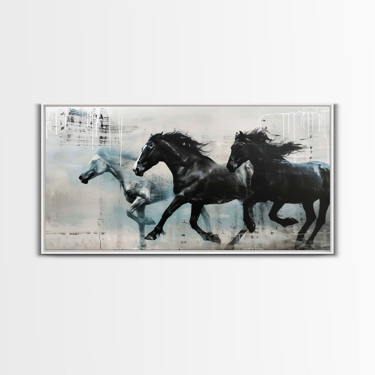 Galloping Horses in Monochrome Abstract Landscape, Perfect Wall Art, Framed Canvas Print for Living Room or Bedroom Decor, Equestrian Art