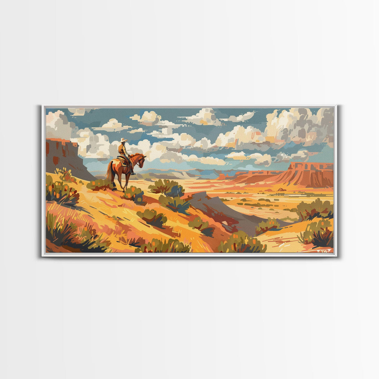 Horseback Rider in Desert Landscape, Perfect for Living Room Art, Framed Canvas Print, Western Wall Art, Home and Bedroom Decor