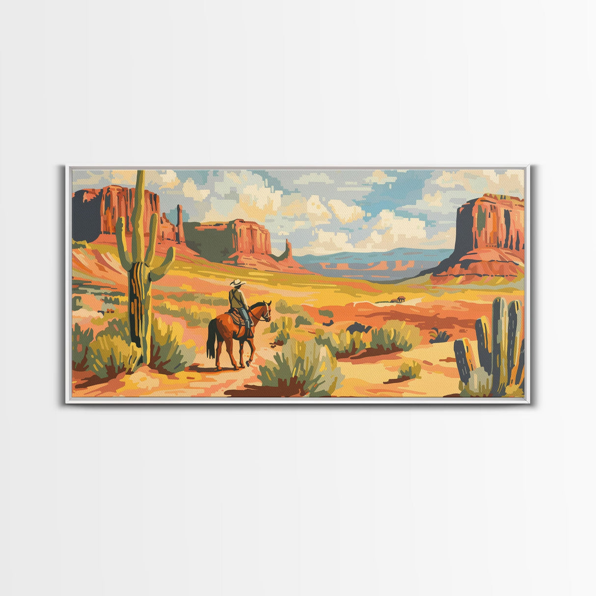 Cowboy in Desert Valley, Framed Canvas Print for Rustic Living Room Decor, Western Art for Home and Bedroom Decoration
