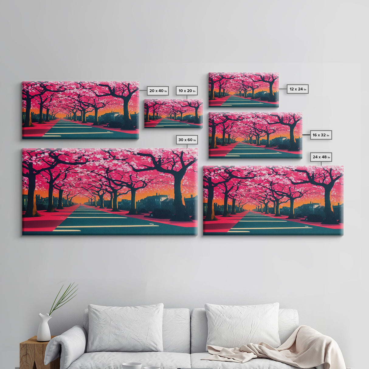 Street lined with Cherry Blossoms, Cherry Blossom Tree Art, Framed Canvas Print, Ready To Hang Wall Art, Framed Wall Art