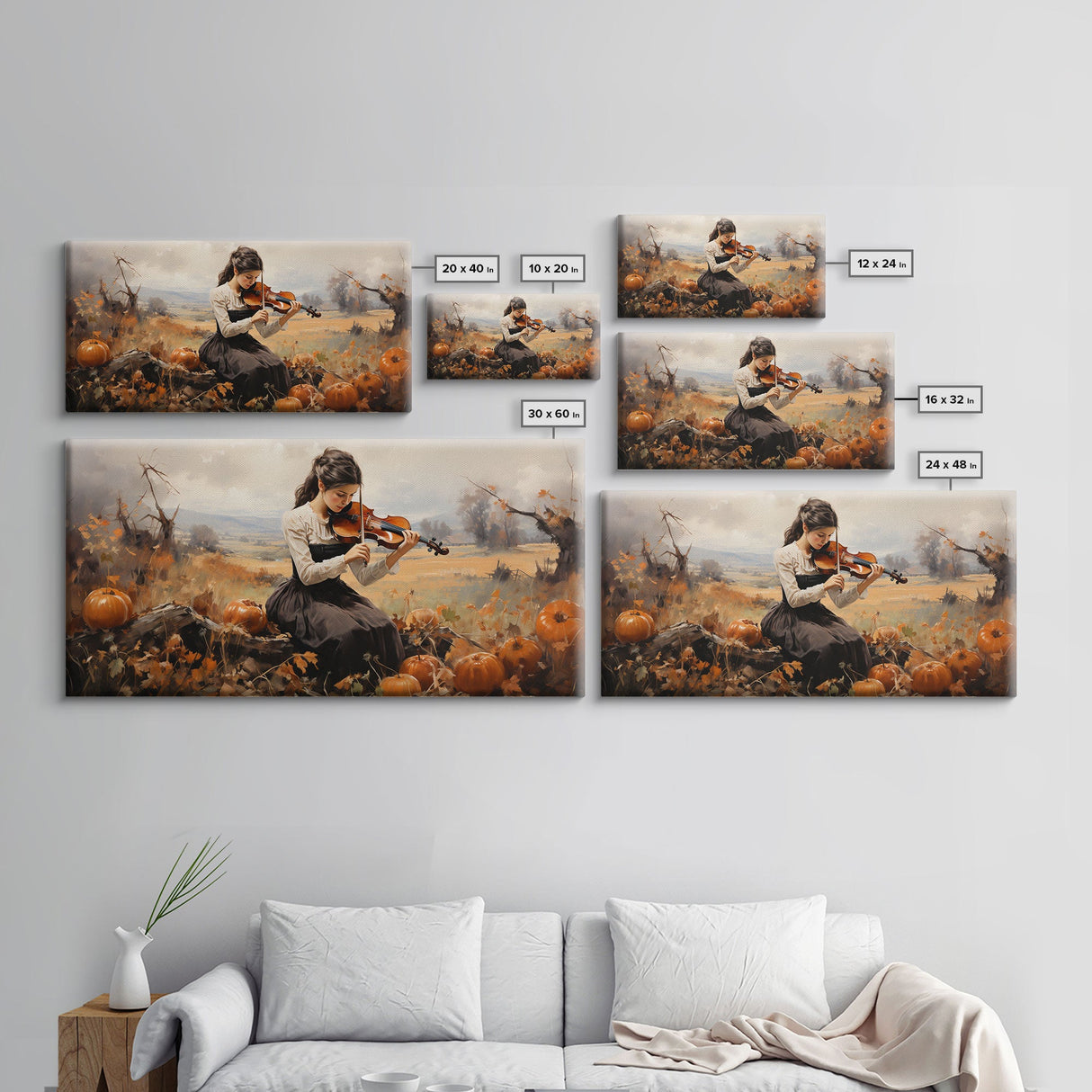 Girl Violinist, Fall Wall Decor, Pumpkin Decor, Canvas Print, Wall Hanging, Panoramic Art, Country Home Decor, Violin Wall Art, Gift For Her