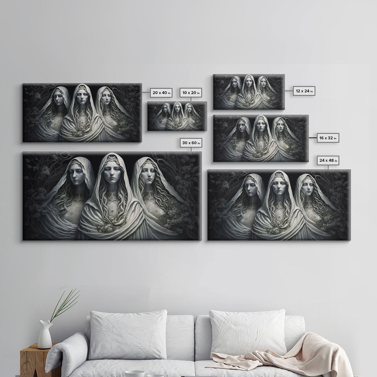The Norns, Norse Mythology, Weavers of Fate, Framed Canvas Print, Urðr, Verðandi, and Skuld, Black and White Norse Fantasy Art