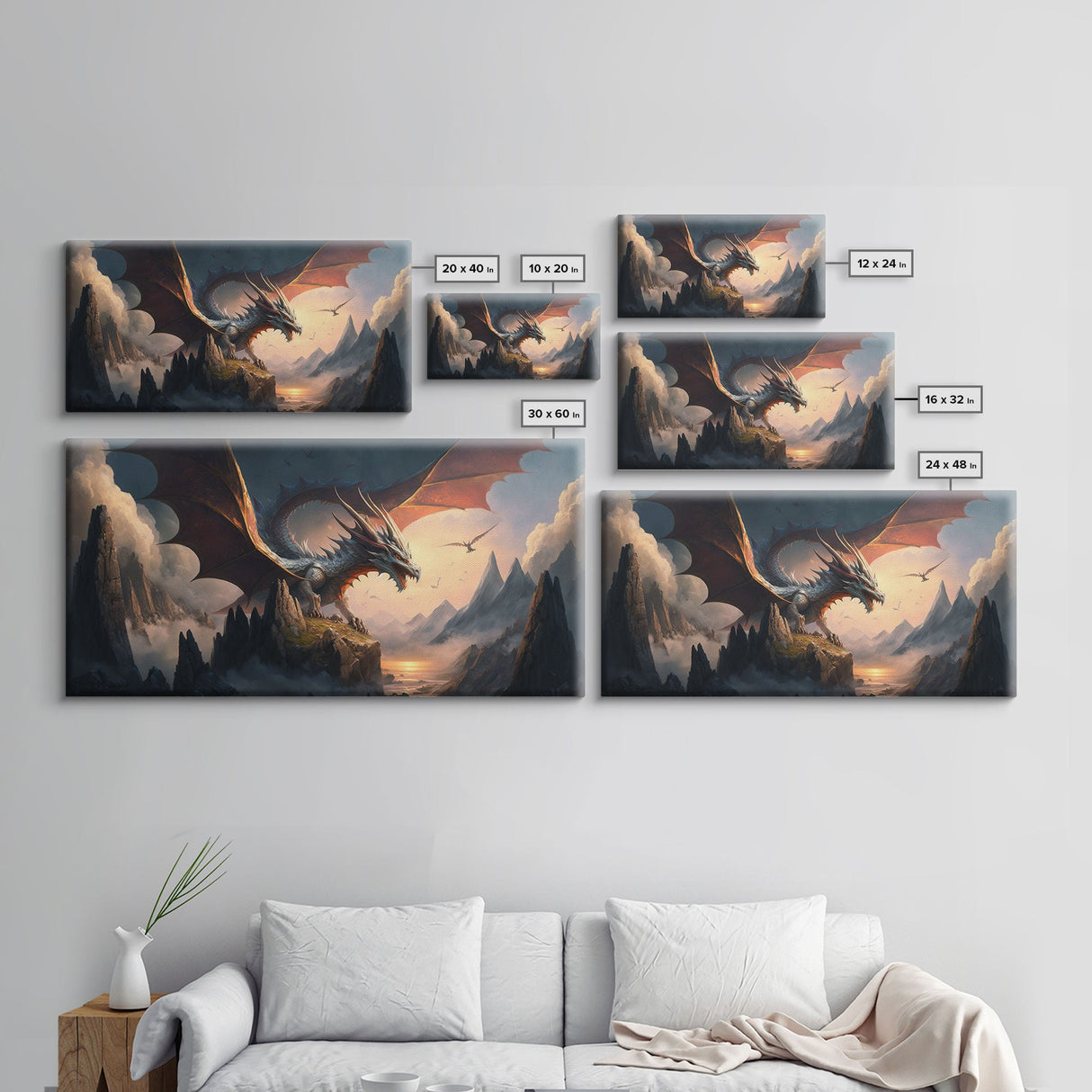 White Dragon on a Mountain Top, Fantasy Art, Framed Canvas Print, Medieval Fantasy Art, Fire breathing dragons