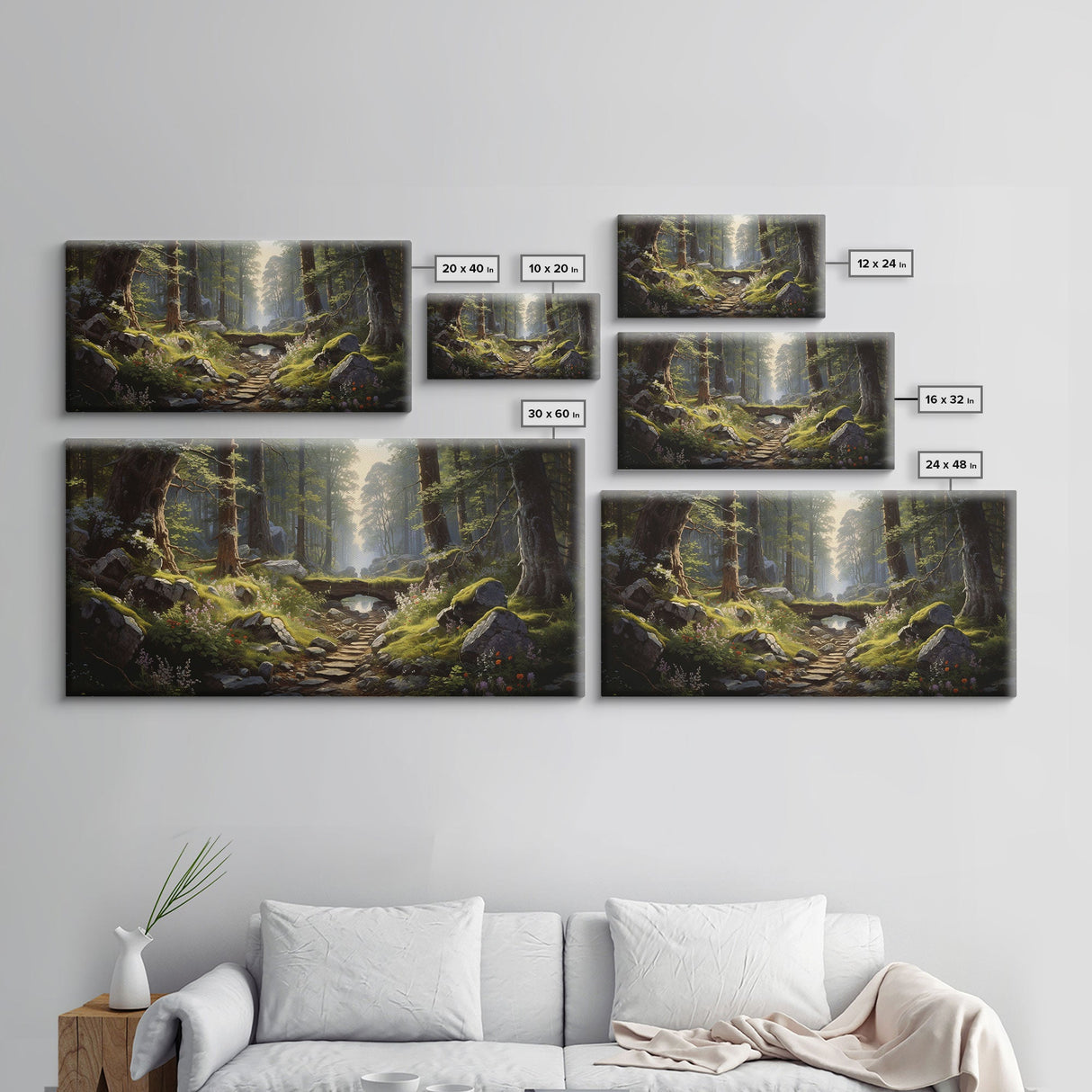 SlightlyScorched Framed Canvas Print Emerald Green Fantasy Forest, Mountain Forest Lake Landscape Minimalist Modern Art Nature Wall Decor