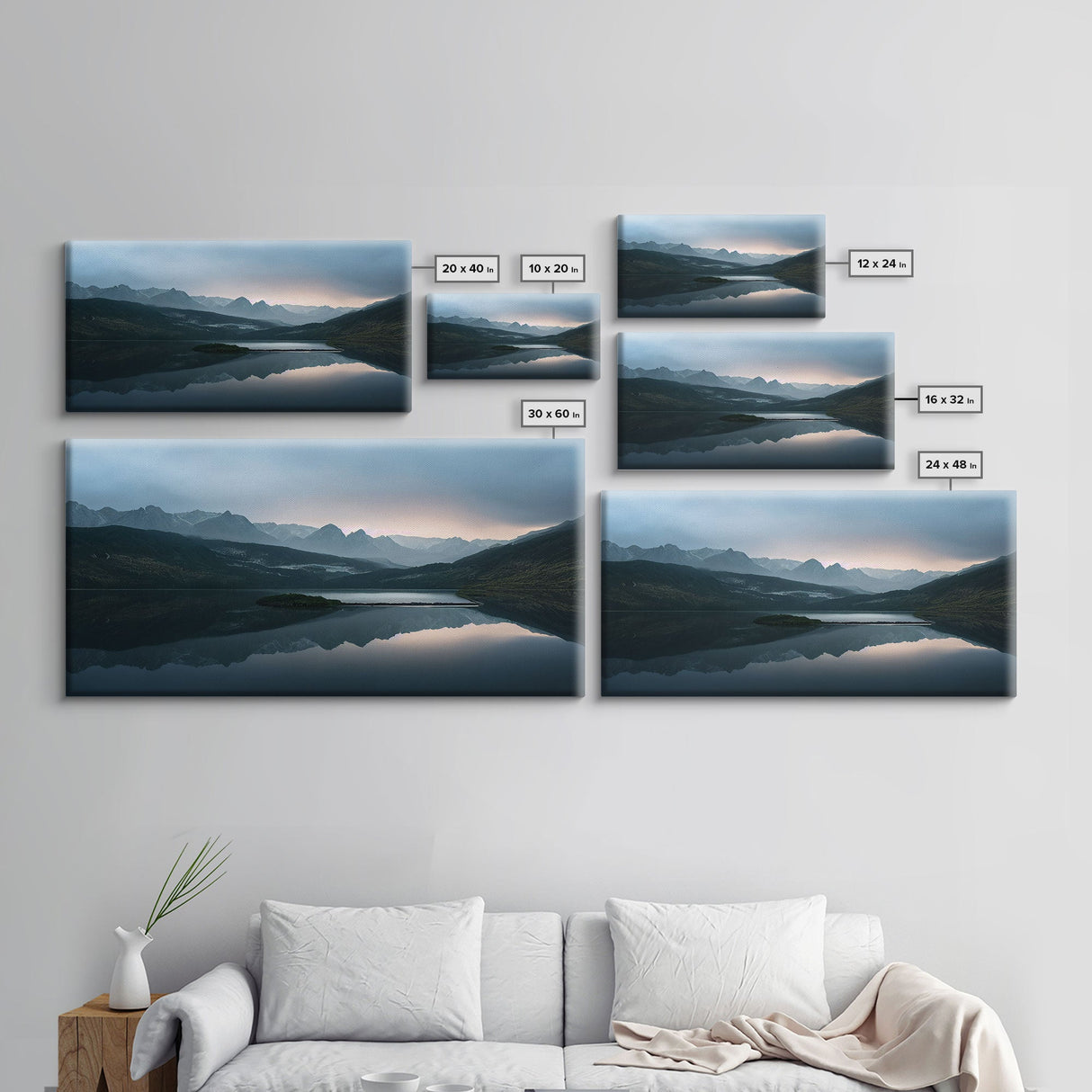 Calm Reflection Of A Lake and Mountains, ready to hang canvas print wall art, Lakehouse Cabin Wall Decor
