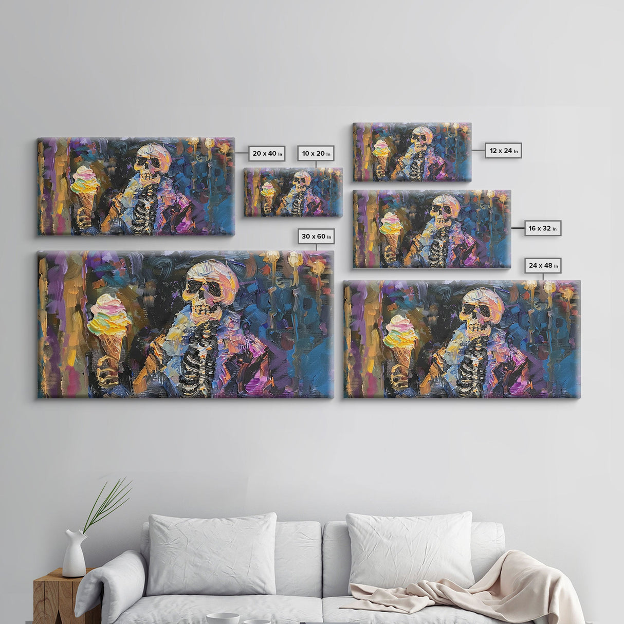 Halloween Art, Skeleton Having an Ice Cream Cone, Framed Canvas Print, Halloween Decor