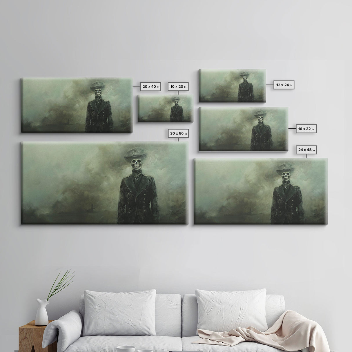 Dapper Skeleton In The Fog, Framed Canvas Print, Halloween Decor, Macabre Dark Academia Wall Art