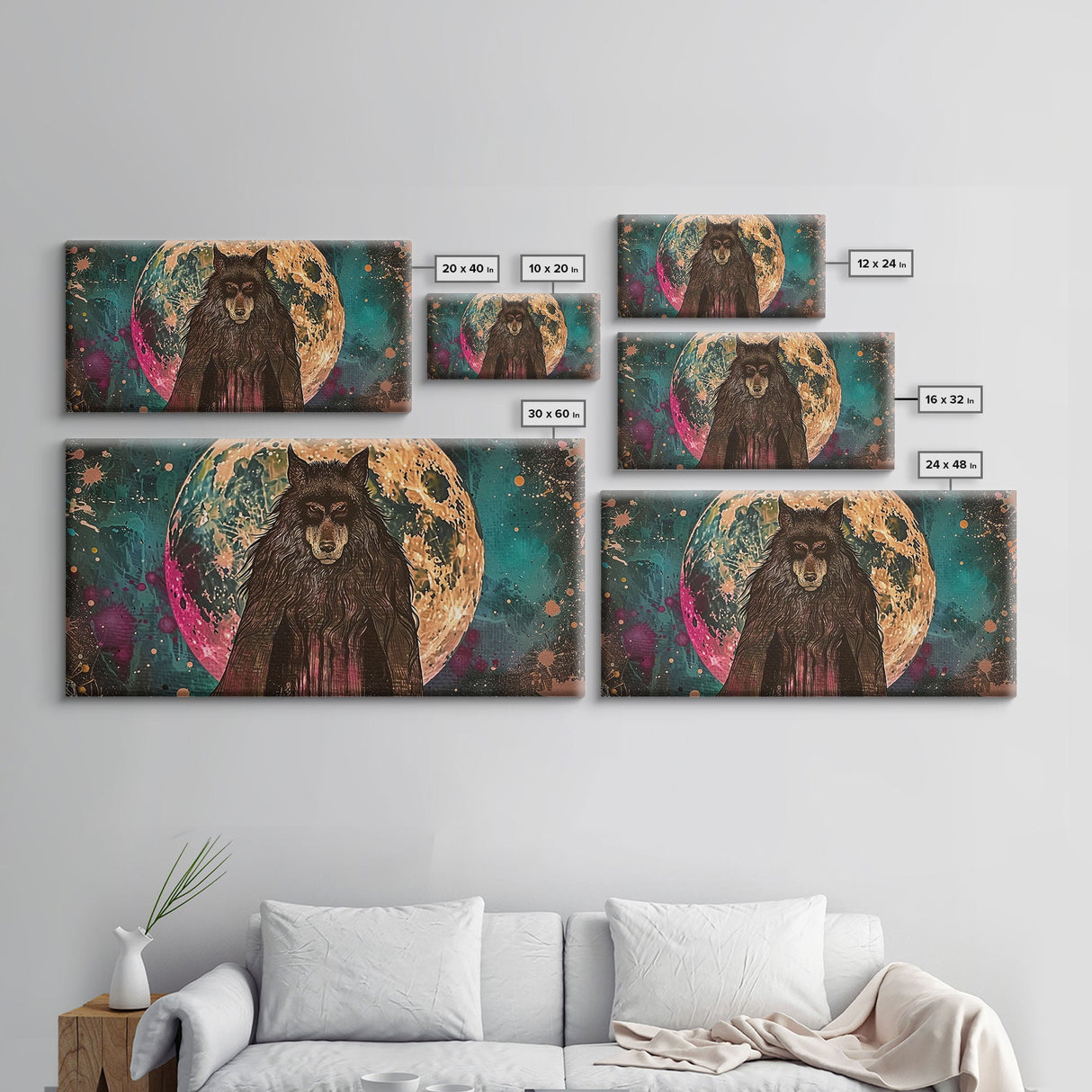 Hooded Werewolf Under The Full Moon, Framed Canvas Print, Wood Frame Halloween Wall Art, Dark Academia