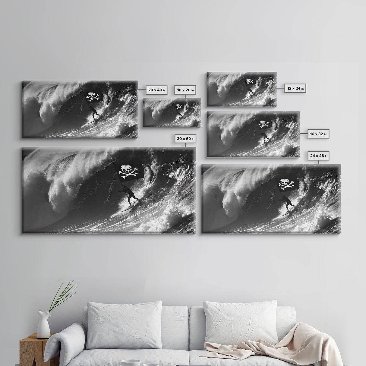 Pirate Surf - Framed Canvas Print - Black & White Photography Style Wall Art - Skull and Cross Bones Wall Art - Manly Decor - Mancave