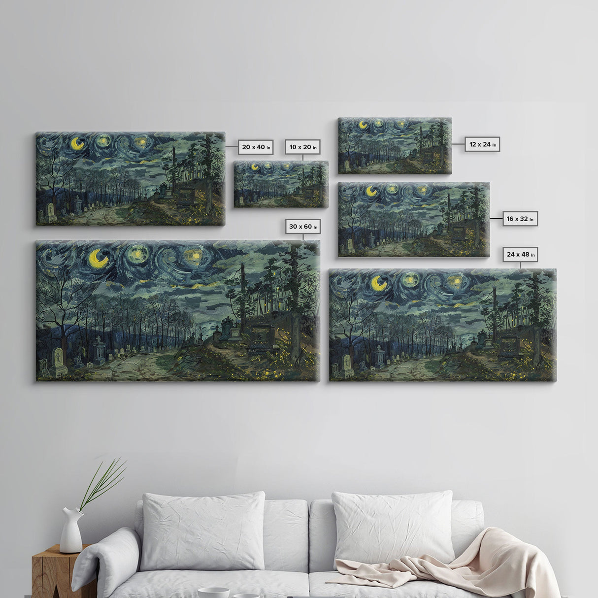 Haunted Graveyard Framed Canvas Print, Starry Night Van Gogh Inspired Halloween Decor, Spooky Vibes Halloween Gift