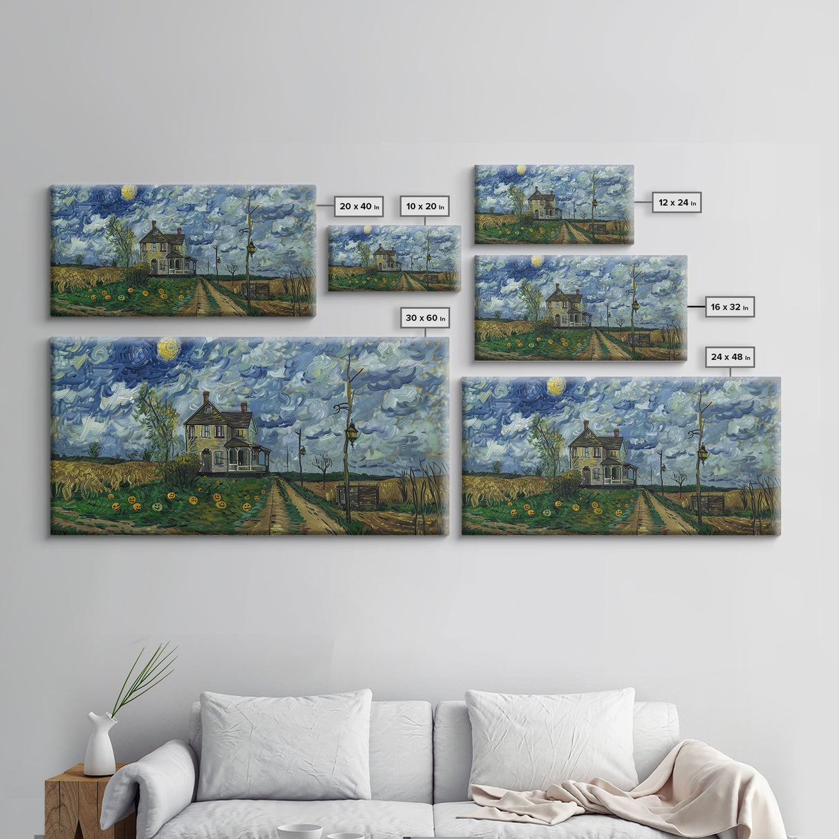 Haunted Countryside, Framed Canvas Print, Spooky Starry Night Inspired Halloween Wall Art