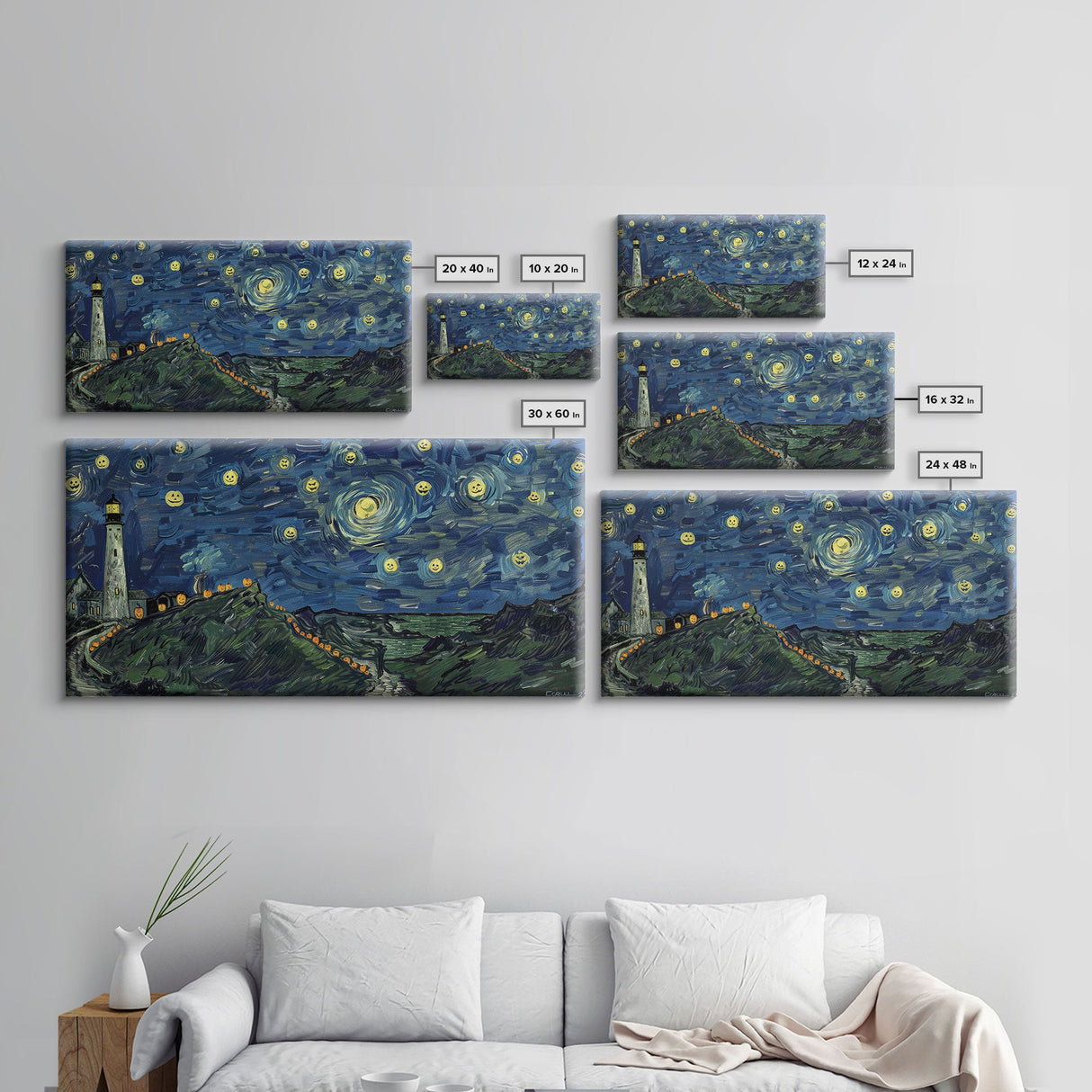 Lighthouse and the Storm, Framed Canvas Print, Unique Halloween Wall Art, Nautical Decor, Starry Night Inspired Wall Art