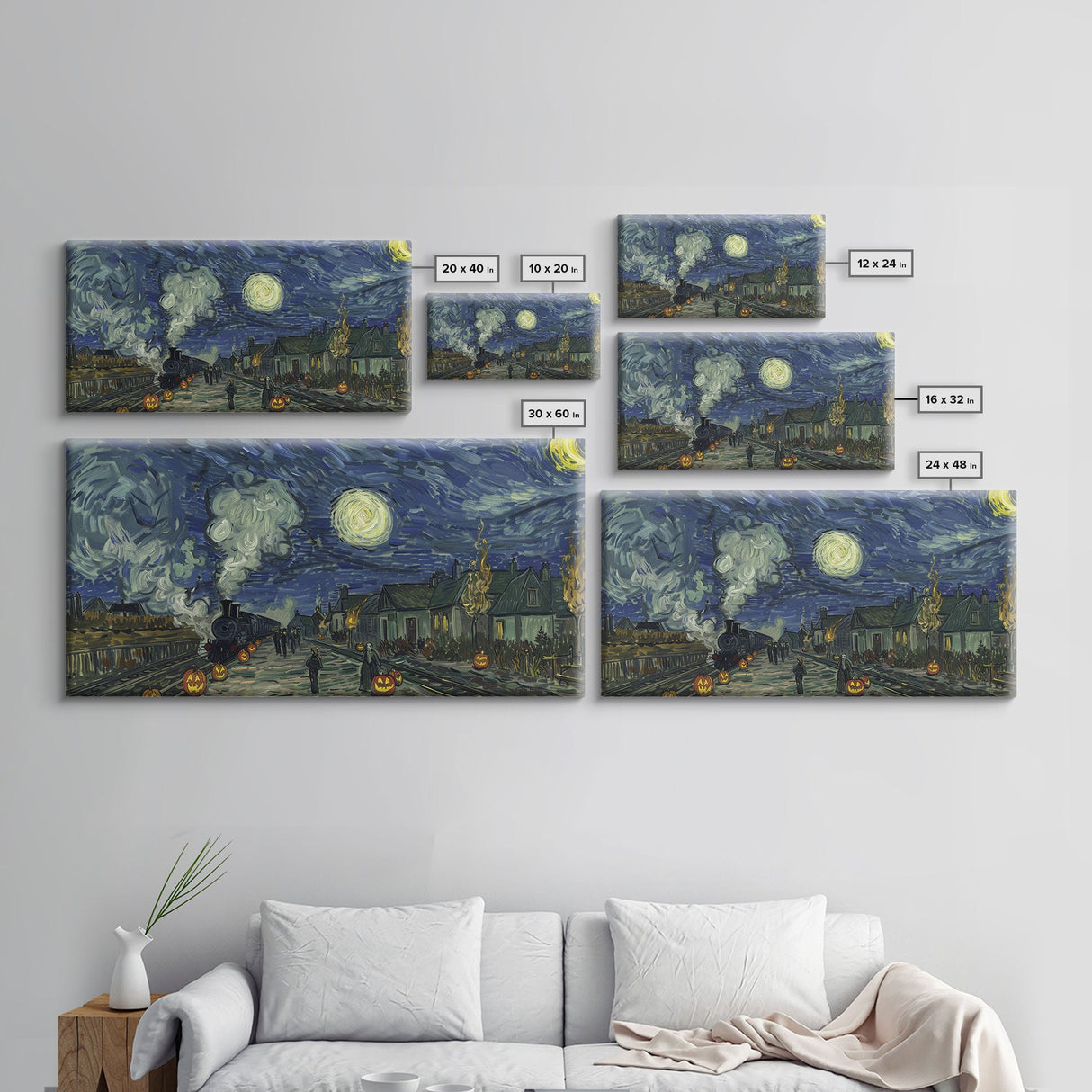 Starry Night Inspired Haunted Steam Train, Framed Canvas Print, Spooky Halloween Wall Art