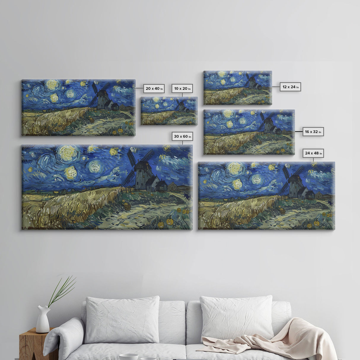 Starry Night Inspired Haunted Wind Mill, Framed Canvas Print, Spooky Halloween Wall Art