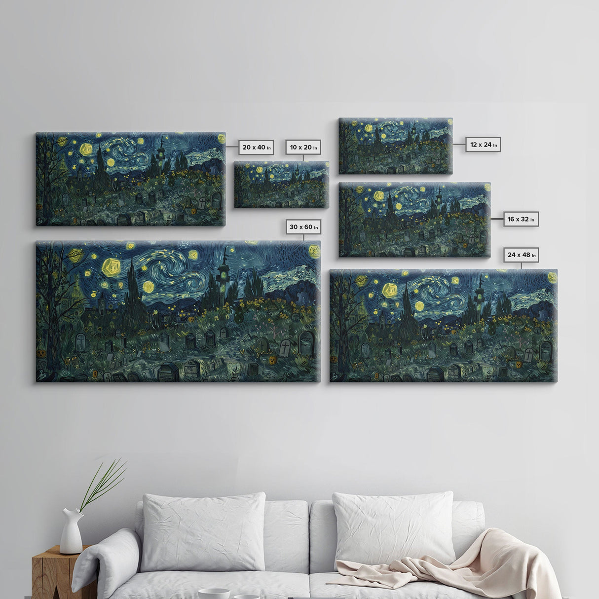 Starry Night Inspired Haunted Graveyard Framed Canvas Print, Halloween Wall Decor, Halloween Props, Halloween Gift Idea