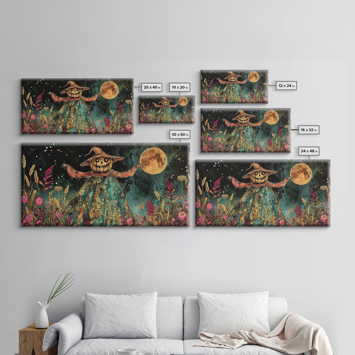 Spooky Jack O' Lantern Scarecrow, Framed Canvas Print, Dark Academia, Halloween Decor, Spooky Season Wall Art