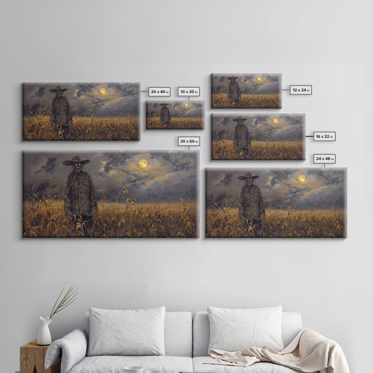 Scarecrow Under A Full Moon - Framed Canvas Print - Spooky Wall Art - Halloween Decor
