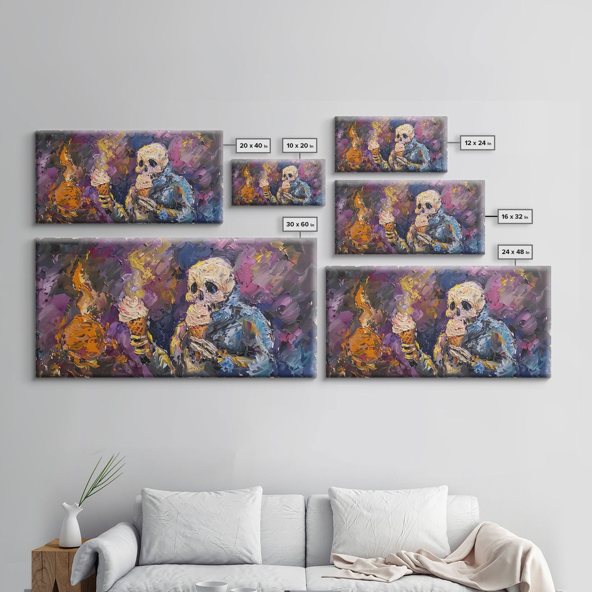 Spooky Skeleton having TWO ice cream cones! Why does he need two? Halloween Art, Framed Canvas Print